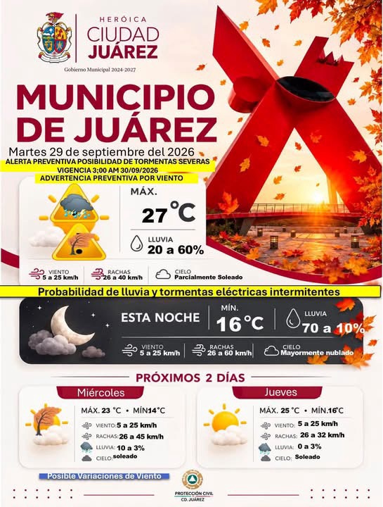 PREVÉN LLUVIAS Y RACHAS DE VIENTO PARA ESTE MARTES EN CIUDAD&nbsp;JUÁREZ